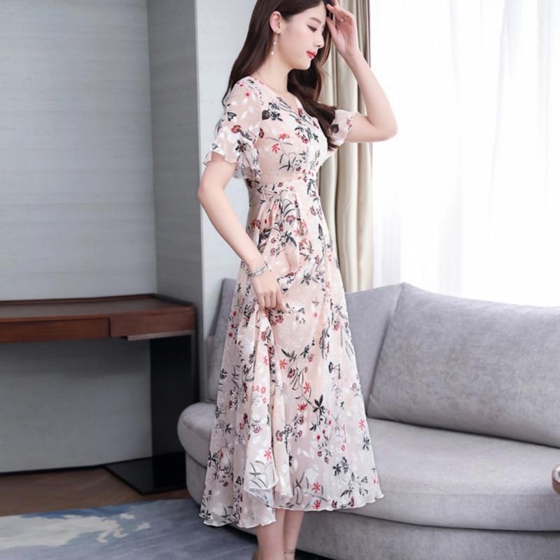 Chân Váy Dài Trung Bình Thiết Kế Hoa, Phong Cách Mới Mùa Hè Cho Nữ, Với Tay Áo Loe, Váy Siêu Thanh Lịch, Ngoại Cỡ, Chân Váy Thắt Lưng Dài, Thời Trang Women Dress Voan Khuy 4