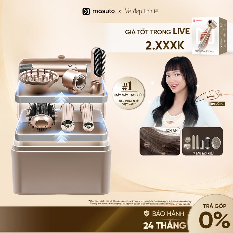 Máy Sấy Tóc Tạo Kiểu Masuto AirWand Phiên Bản Champagne Gold, công nghệ ion kép, công nghệ Coanda Pro, 7 đầu sấy uốn tích hợp