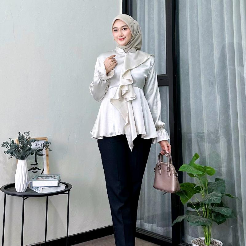 MARSYA TOP BAJU ATASAN WANITA BAHAN SHIMMER MODEL TRENDY DENGAN KARET TANGAN DAN RISLETING DADA 5