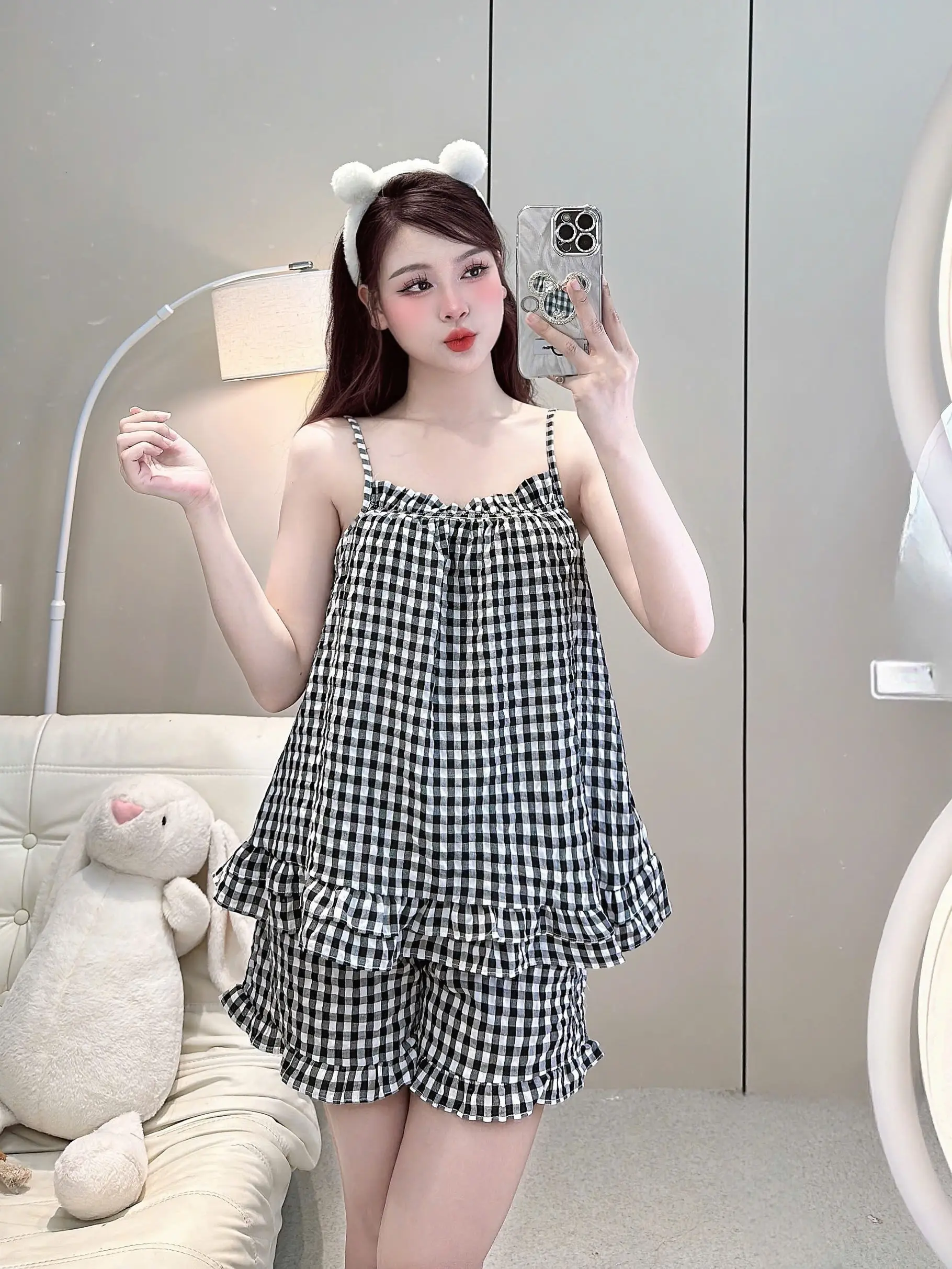 Set 2 dây quần đùi vải đũi thái kẻ caro phối bèo
