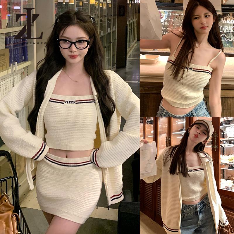   Bộ Ba Món  Áo cardigan dệt kim sọc Áo ba lỗ Váy ngắn dệt kim 