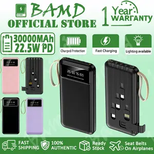 Powerbank Dual USB Flashlight 30000mAh dengan Stand Telepon Tali Gantung Kompatibel iOS/Android 20000mAh 5V 2.1A Fast Charging 4in1 Cable