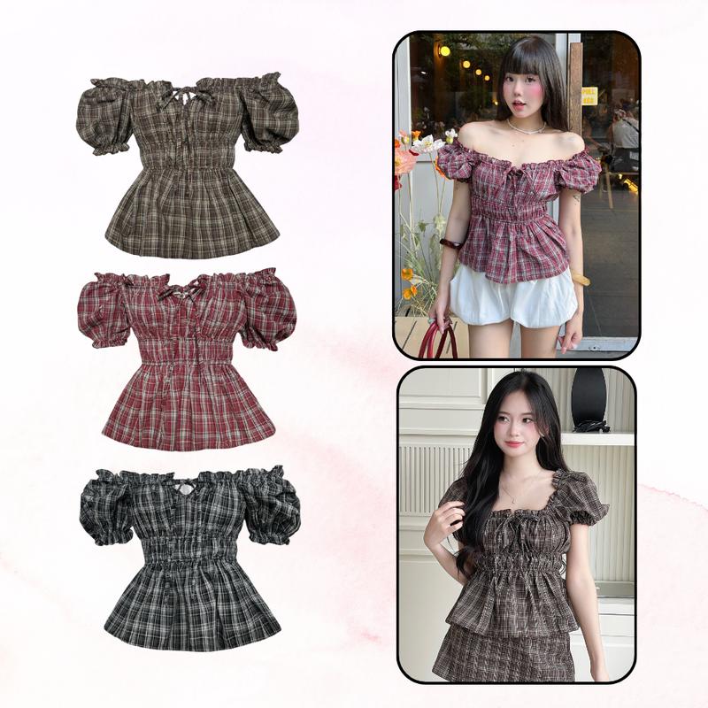   CÓ HỎA TỐC   Áo BABYDOLL kẻ Caro mặc nhiều kiểu SAIGONESE dành cho nữ Kiểu 1: Trẻ vai Kiểu 2: Có tay 