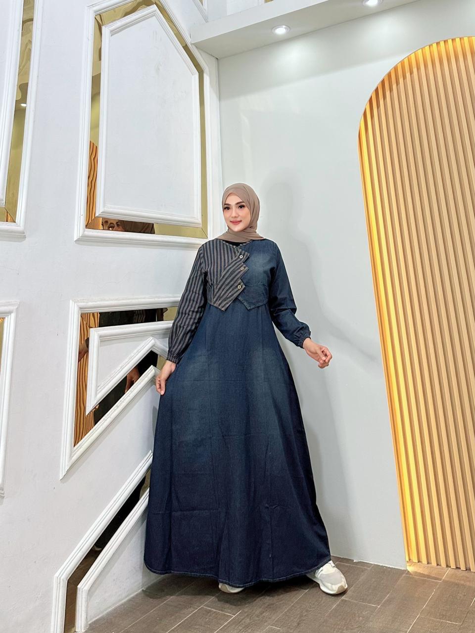 Prily Gamis Rompi Jeans Salur Fashion Muslim Wanita Kekinian