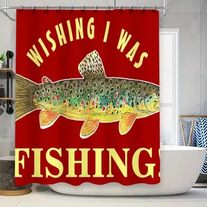 Red Shower Curtain with Golden Fish Design for Bathroom Decor Wishing I Was Fishing