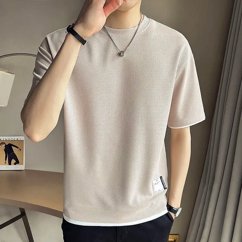 Summer Korean-style waffle shirt fashion all-match breathable fake two-piece plaid men's T-shirt