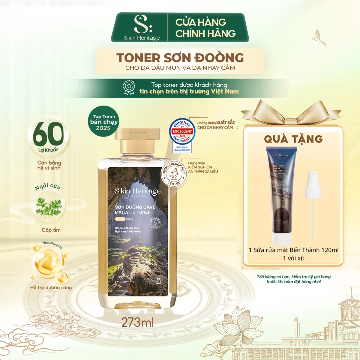 Toner Sơn Đoòng Dưỡng Ẩm Da, Làm Dịu Và Cân Bằng Độ Ẩm Cho Da Dầu Mụn Và Da Nhạy Cảm SKIN HERITAGE Toner Cấp Ẩm Cung Cấp Đến 60 Lợi Khuẩn 55ml & 273ml