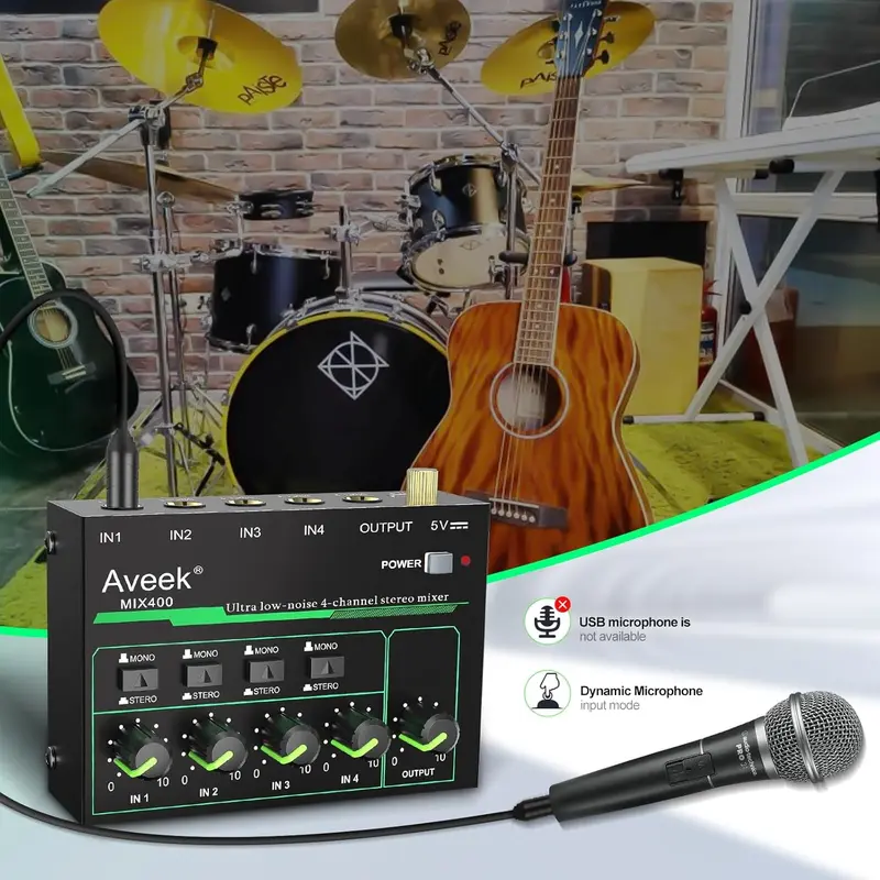 Aveek 4 Channel Mixer - Mini 4 Stereo Audio Mixer, Low-Noise for Precision Sub-Mixing,1/4" TRS Input/Output Ideal for Mics/Guitars/Bass/Stage - 3 x 4.4 x 1.3 inches 6