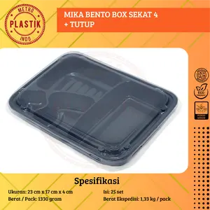Mika Bento Box Sekat 4 Isi 25 Set Tray Bento Mika Lunch kotak Catering hitam 25set Kitchenware Makan tempat