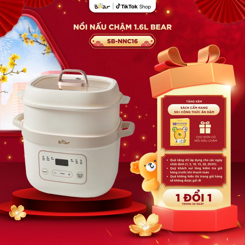 Tặng Cẩm nang ăn dặm Nồi Nấu Chậm 1,6L BEAR Nồi Điện Nấu Cháo Chậm 6 Chế Độ Ninh Hầm Hấp Mềm Bảo Toàn Dinh Dưỡng SB-NNC16