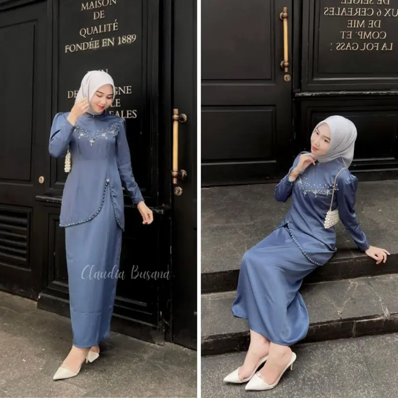 (ADA JUMBO) Ready Denim Bisa COD - NEW Oneset Felicya Kurung Melayu Malaysia Dress Pesta Setelan Wanita Baju Kondangan Kekinian 0