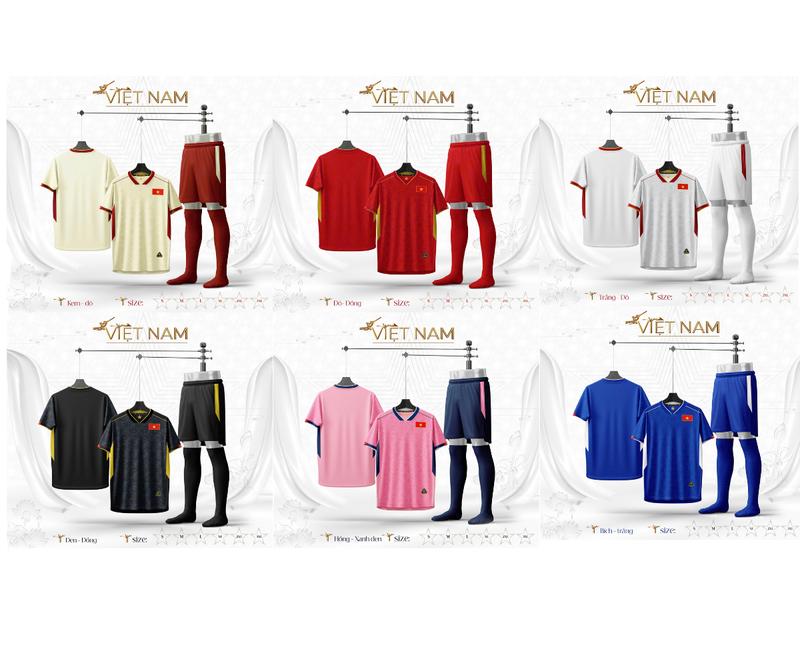 <BST QUẦN ÁO VIỆT NAM từ 15kg đến 100kg> Bộ quần áo bóng đá thun mè thoáng khí nhiều màu in tên số theo yêu cầu - Top Sport