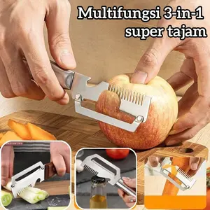 Pengupas Buah Sayur Multifungsi 3-in-1 Baja Tahan Karat Pisau Tebal Pengikis Sisik Ikan Pembuka Botol Pemotong Daun Bawang Serbaguna