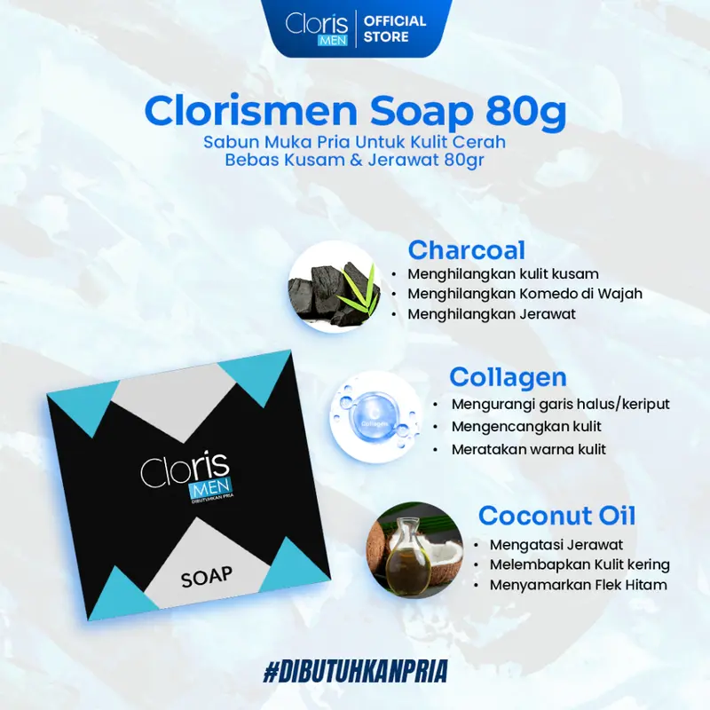Clorismen Paket Hemat Cloris Men Soap 80g & Brightening Cream - Skincare Perawatan Wajah Pria Pembersih Muka Krim Pelembab Memutihkan Cerahkan Mengecilkan Pori-pori 2