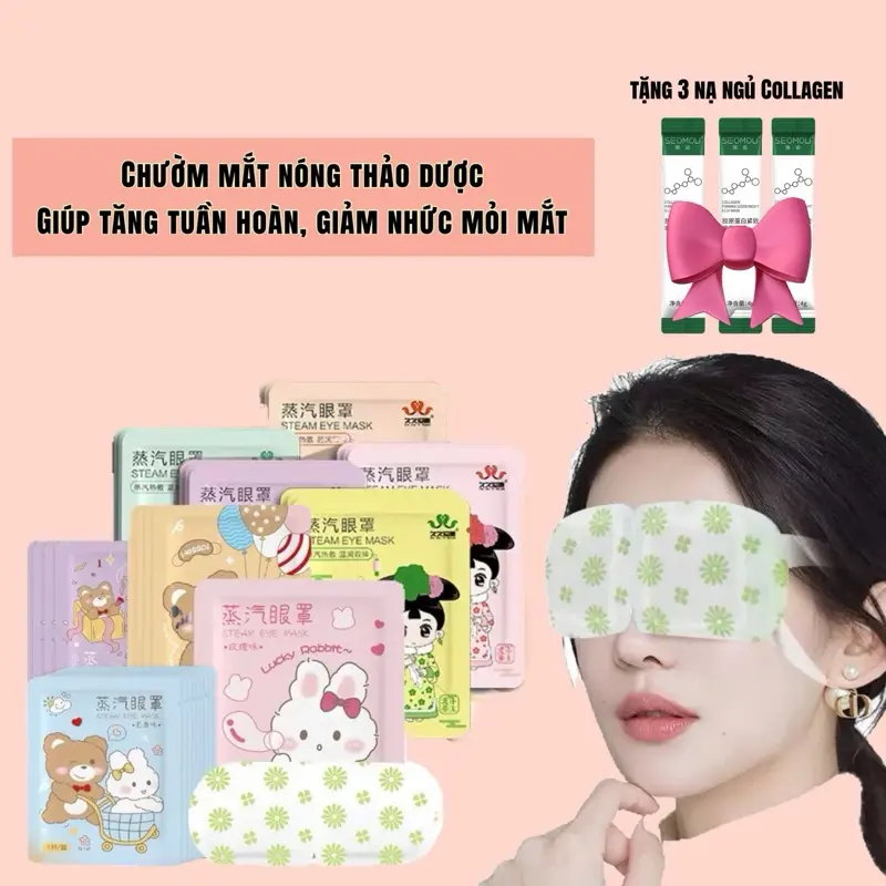 20 mặt nạ chườm mắt nóng tặng 3 nạ ngủ collagen, chườm mắt nóng giúp tăng tuần hoàn giảm nhức mỏi mắt làm từ than hoạt tính và thảo dược