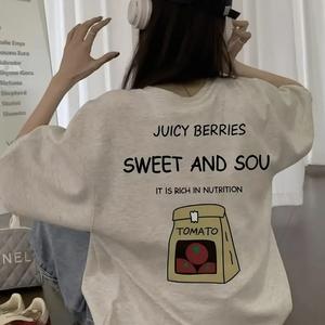 トマト柄プリント婦人用半袖Tシャツ、丸首、ゆったり、純綿カジュアルトップス、丸首、ショルダーベルト、ゆったりシルエット、通気性、肩落ちデザインプリントTシャツ夏のゆったりタイプ