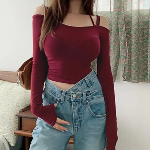 Halter Neck Off Shoulder Long Sleeve Crop T-Shirt 1763 (S/M/L/XL)