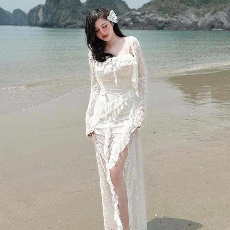 Đầm đi biển thời trang ren 2dây dáng dài xẻ tà + áo khoác ren mềm