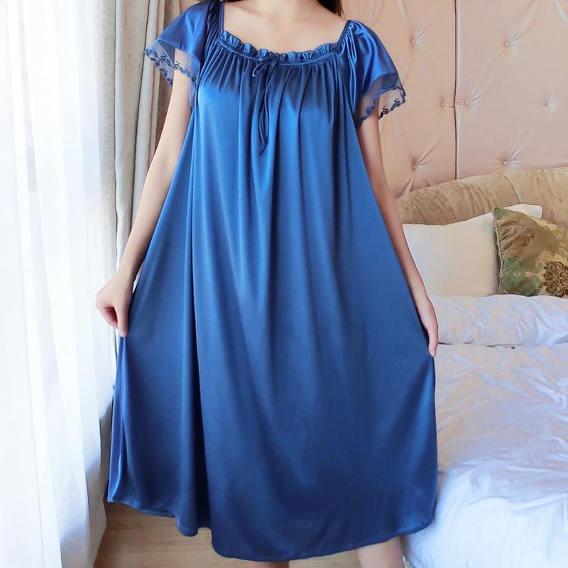 Váy Ngủ Ren Ngoại Cỡ Cho Nữ, Có 10 Màu, Thích Hợp Cho Mùa Hè, Váy Ngủ Satin Ren Mỏng, Màu Trơn ngắn Tay, Đồ Ngủ Thoải Mái 5