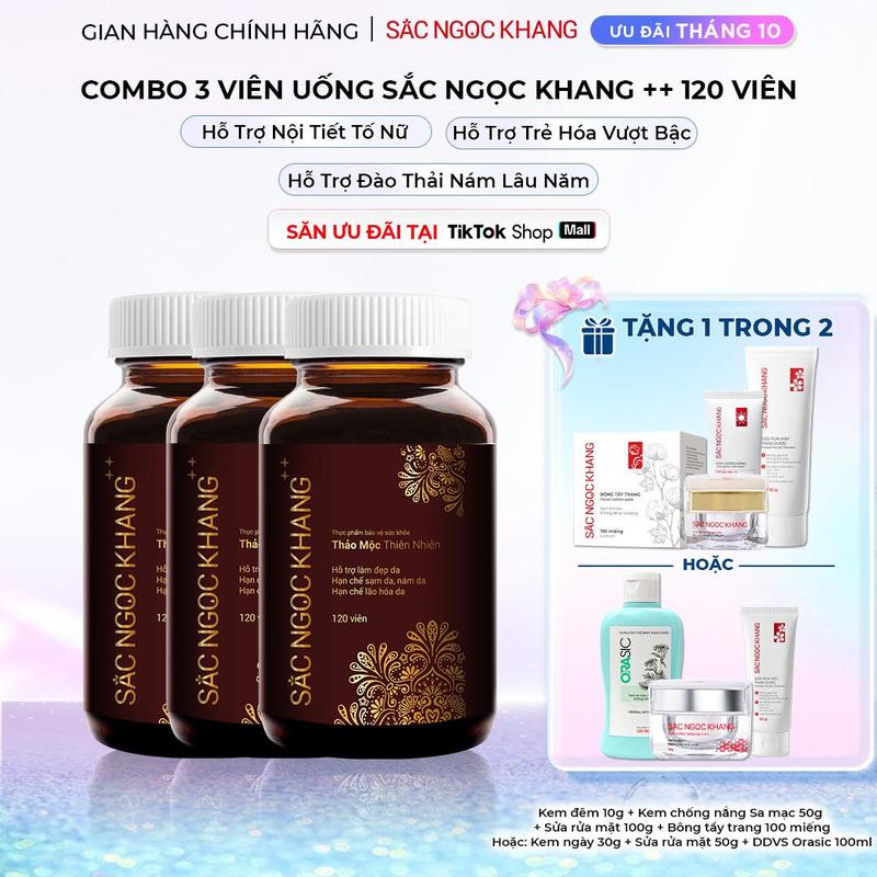 [Tặng Combo Dưỡng Da] Combo 3 Hộp Viên Uống Sắc Ngọc Khang ++ [Hộp 120 viên] - Hỗ Trợ Sáng Da Nội Tiết Tố Đào Thải Nám Sạm Tàn Nhang