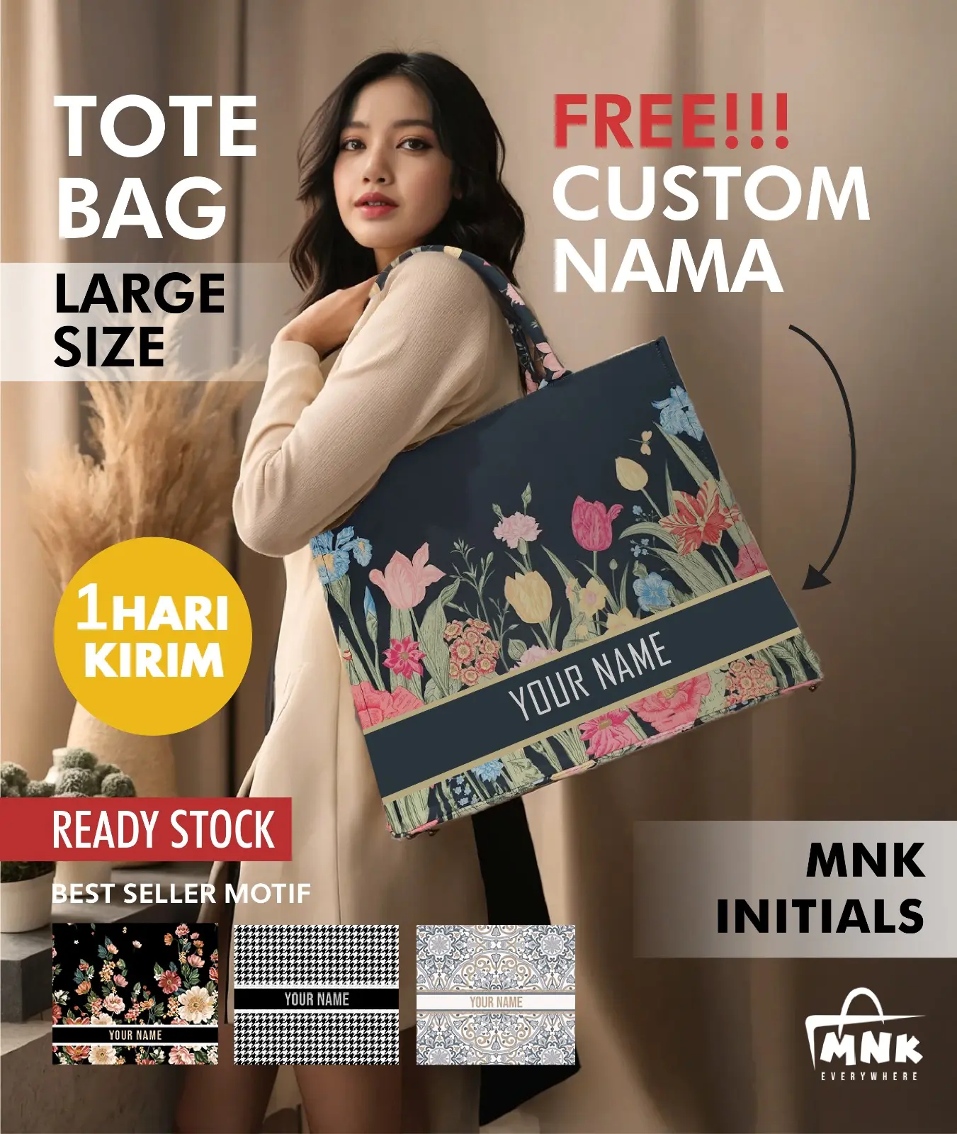 TOTEBAG NAMA | Tas kanvas | MNK bag Initial Large size Bisa Custom Nama - Ukuran 41x36x20 cm - Tote, Kanvas Totebag re komenda s itote bag