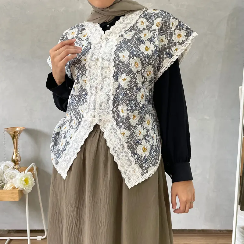 Eclemix Outer Maurin | Vest Brokat Bunga | Outer  Brukat Tanpa Lengan Wanita Rompi 8