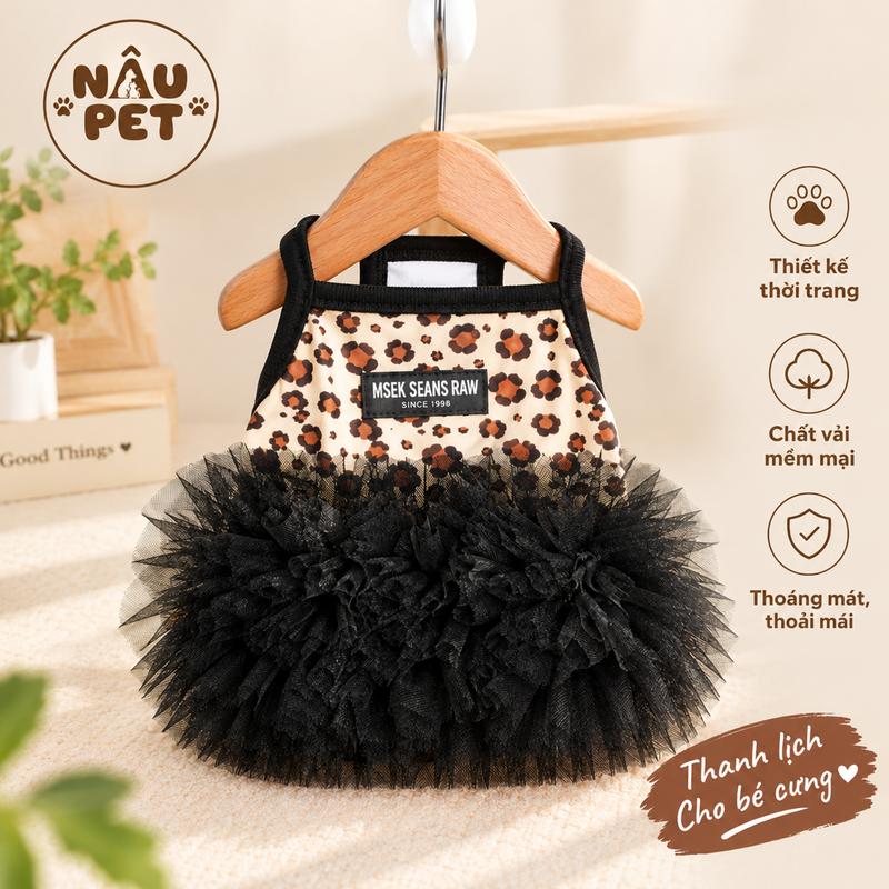 Đầm Cho Chó Mèo, Váy Công Chúa Da Báo Phối Ren Voan Đen Thời Trang Thú Cưng | Nâu Pet