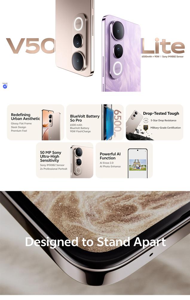 Product Introduction of [NEW LAUNCH] vivo V50 Lite 4G (8/256) Borderless Immersive Screen, Sony IMX882, 6500mAh Battery+90W Flashcharge, AI Erase 2.0, All-round Impact Resistance 1
