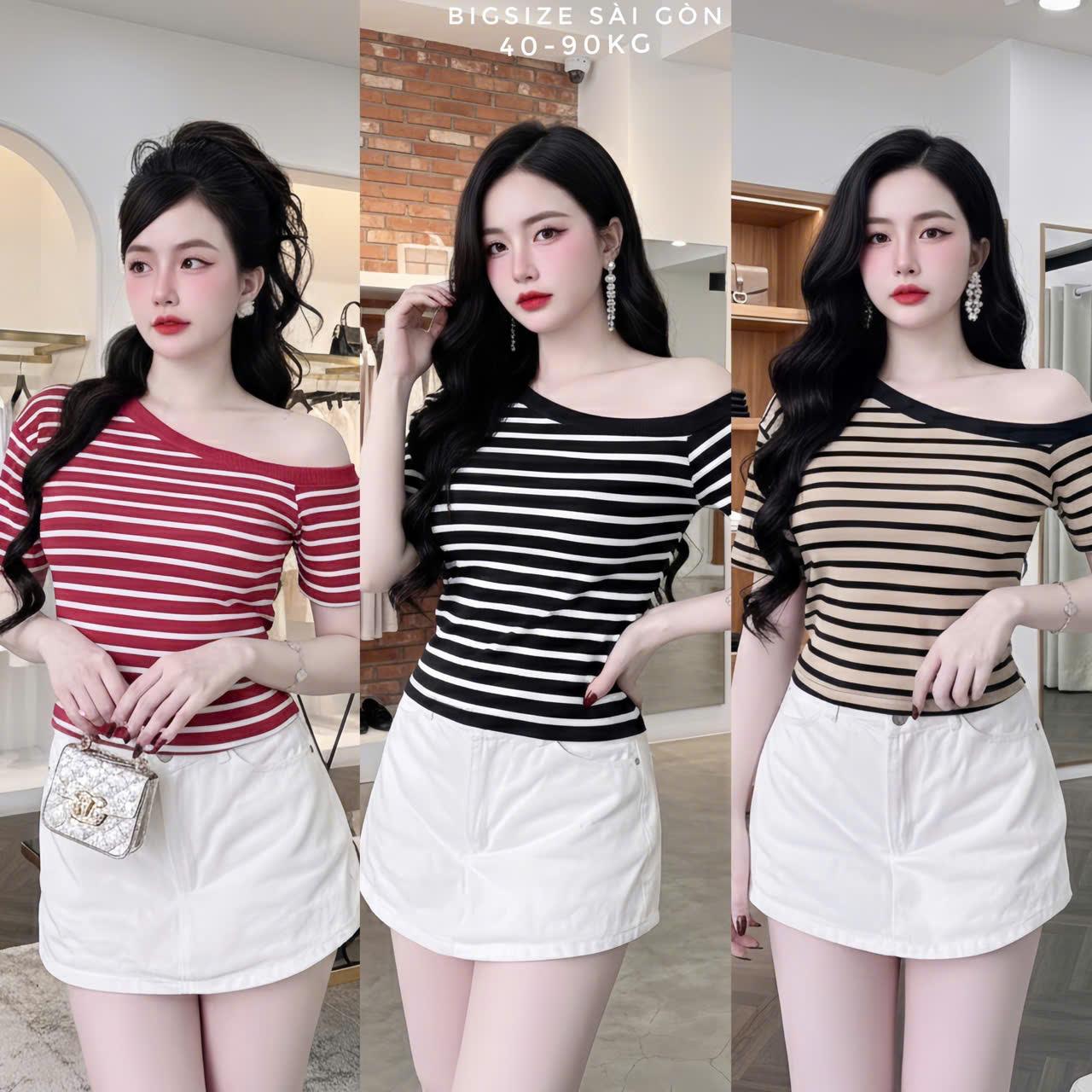 Áo Thun Tay Ngắn Trễ Vai Vải Sọc Borit Dày Dặn Thanh Lịch Cho Nàng 45-90Kg Dễ Thương Nữ Women Top Nhung - B.1733