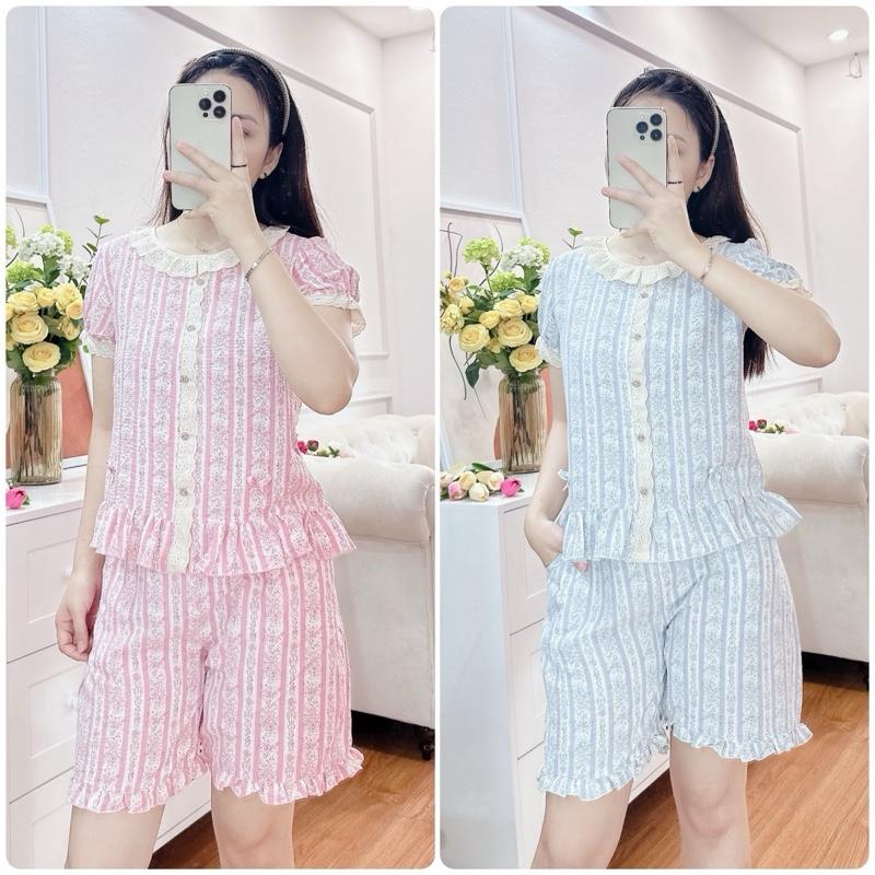 (Châu)Bộ đùi cổ ren khuy trang trí ren dọc chất đũi mềm xinh