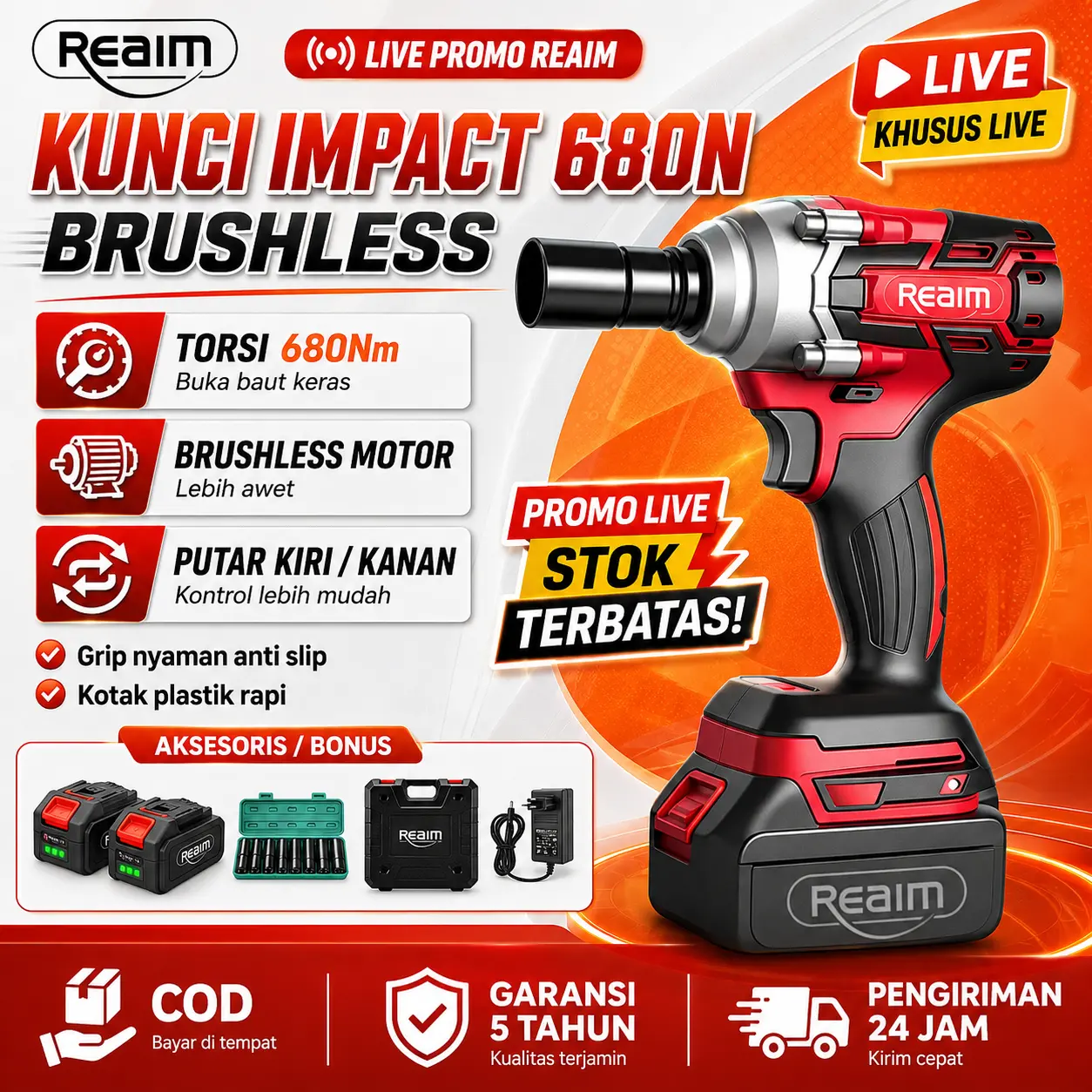 【Live  Eksklusif】REAIM Impact Wrench Impact Baterai Kunci Shock Set 88VF 680Nm Brushless Baterai Lithium Cordless Tenaga Kuat dengan Charger