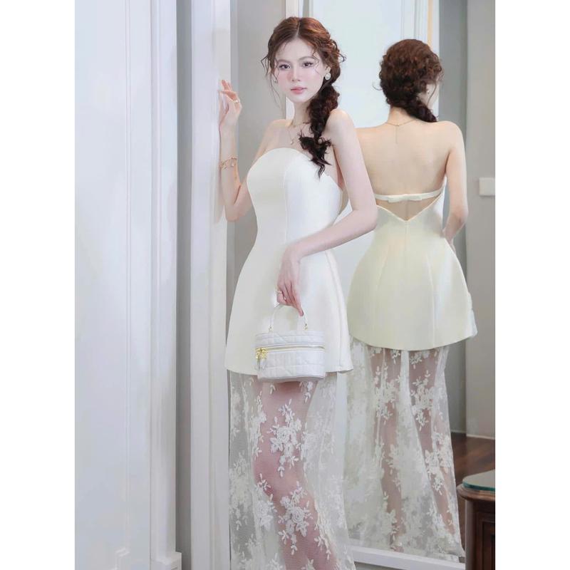 Đầm dự tiệc cúp nơ lưng váy ren hoa dáng dài màu trắng màu đen sang trọng thanh lịch 1