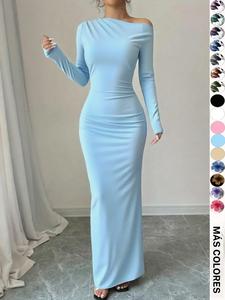 Vestido de cuello asimétrico con estampado floral para mujer, elegante vestido largo de manga larga para fiesta, vacaciones o invitada a boda, ropa de verano para damas