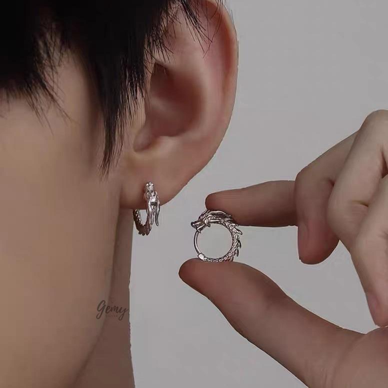 Khuyên tai nam bạc hình rồng tỳ hưu 925 tròn màu đen trắng (1 chiếc) | GEMY SILVER KN126 KN98 KN147 KN133