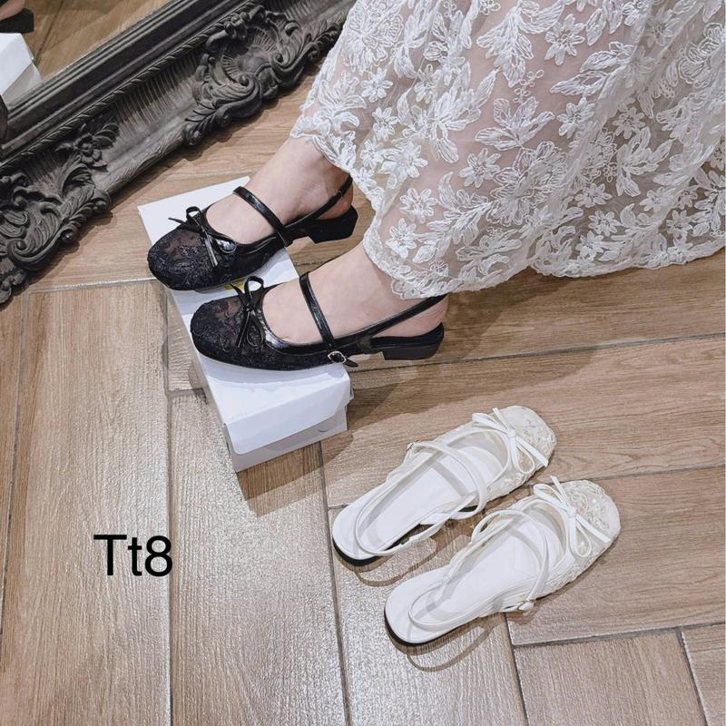 Giày Bệt Ren Đính Nơ Quai Cài Đá Tiểu Thư Mũi Tròn Hottrend 2025 Hở Gót 2 Màu Form Chuẩn TT8