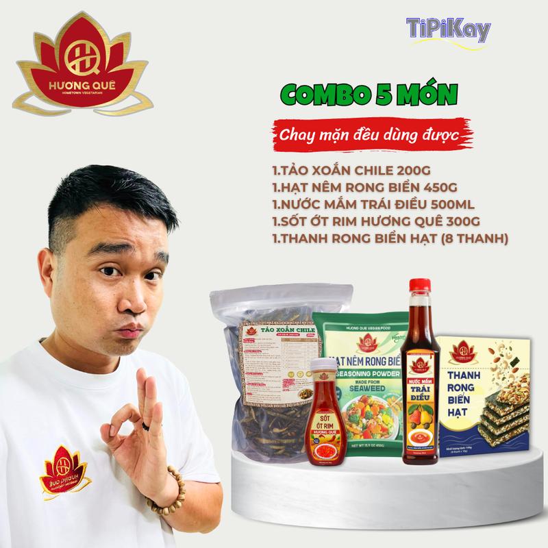 Combo Tảo Xoắn Chile 200g + Hạt Nêm Tảo Xoắn Chile 450g+ Nước Mắm Đông Cô 500ml + Sốt Ớt Rim Hương Quê 300g + Thanh Rong Biển Hạt 8 THANH - TiPiKay Shop