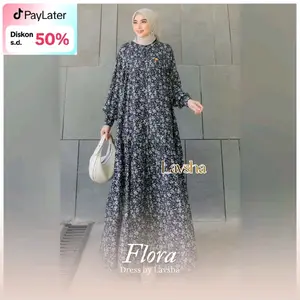 Flora Dress Gamis Wanita Muslim Motif Bunga Bahan Katun Rayon Viscose Busui Kancing Depan