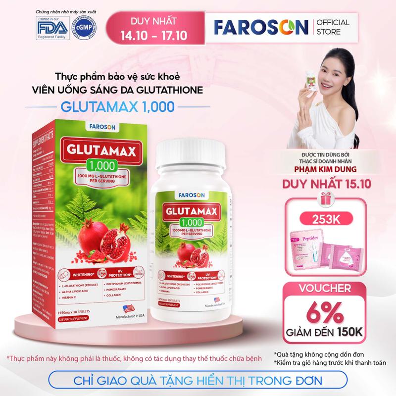 [Deal1] TPBVSK Viên Uống Glutathione Faroson Glutamax 1000 Hỗ Trợ Sáng Da Mờ Thâm Nám Chống Nắng Hộp 30 Viên