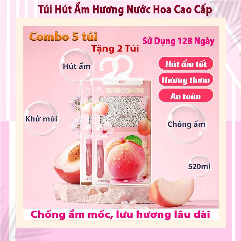 [ Combo 5 Tặng 2 ] Túi Hút Ẩm Mùi Thơm Nước Hoa 2 Ngăn Siêu Thấm Hút Ẩm Chống Mốc, Túi Thơm Để Tủ Quần Áo, Tủ Giày, Phòng Ngủ, Phòng Bếp Hương Đào