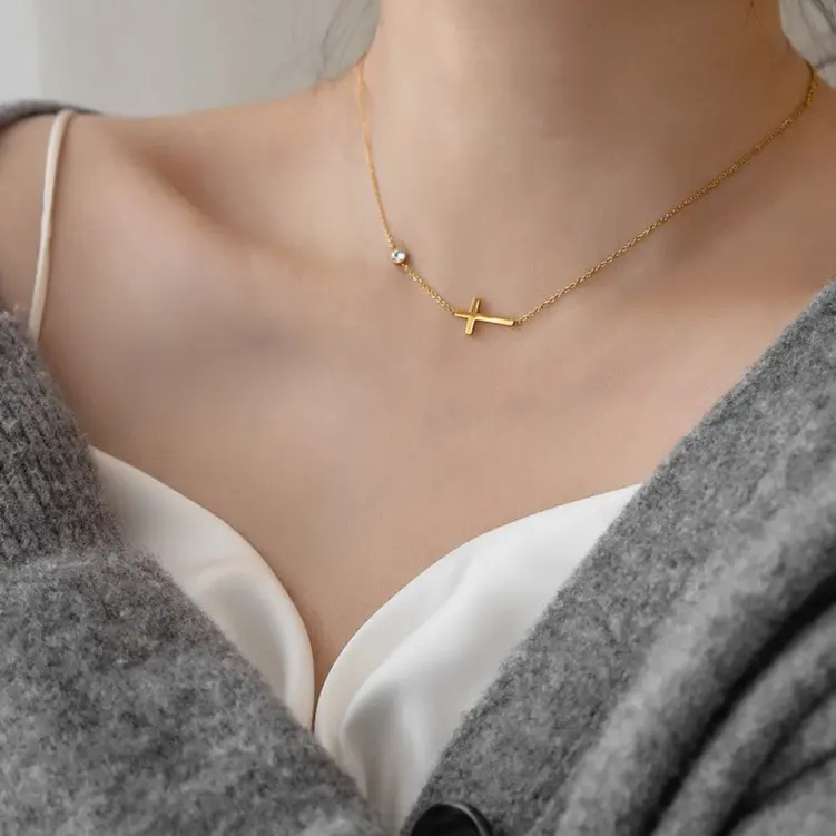 kalung salib mata zircon titanium premium wanita anti karat dan tahan luntur fashion simple elegan terbaru 0