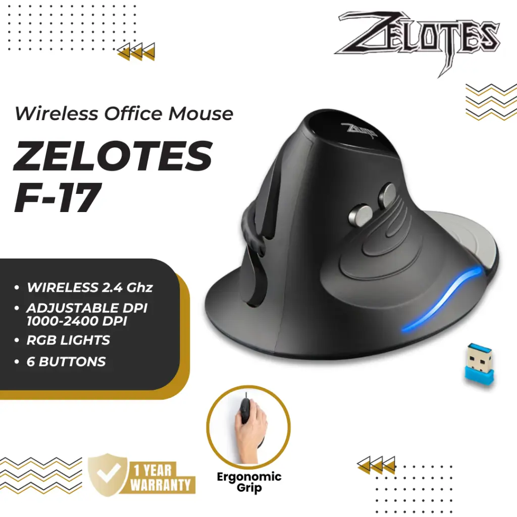 Zelotes F17 Wireless Ergonomic Vertical Gaming Mouse 2400 DPI 6 Tombol Optical Ergonomis Mouse