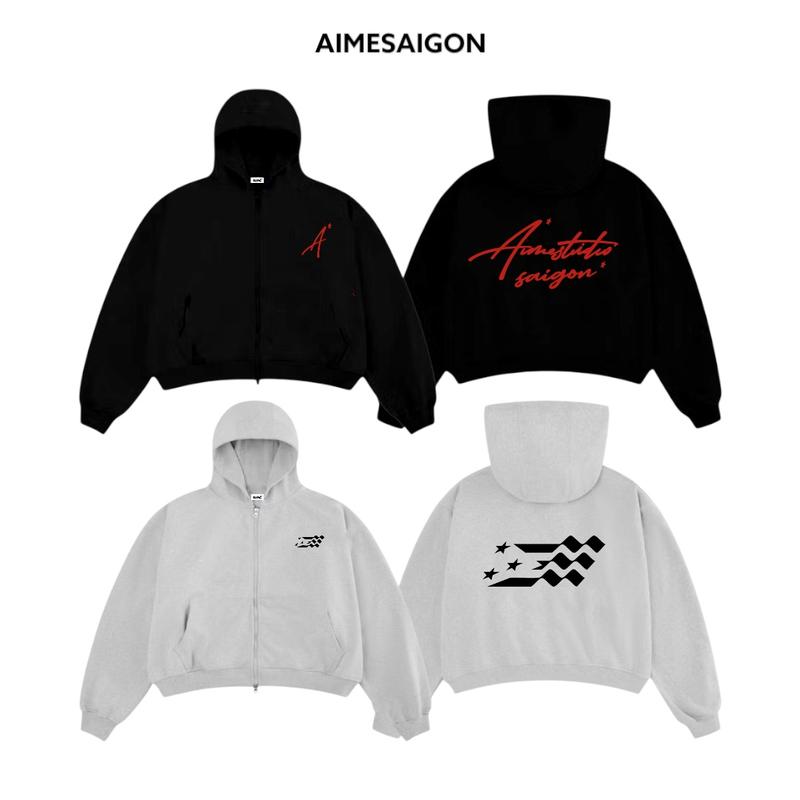 Áo Khoác Hoodie Zip Kéo 2 chiều nỉ 2 da 350gsm [Không xù lông] Form Big Boxy AIMÉ  Basic Có Túi Trong " Chữ Kí & Cờ " Cao Cấp - Aimesaigon