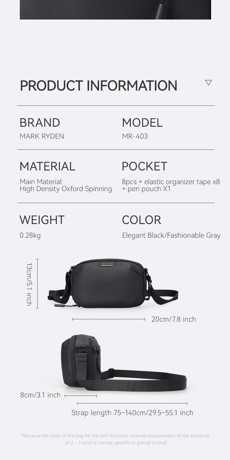 Product Introduction of MARK RYDEN single-shoulder crossbody bag, travel storage bag, detachable shoulder strap, chest bag, small backpack for outdoor cycling, fashionable and casual, individual and simple, water-repellent fabric, festival gift 9