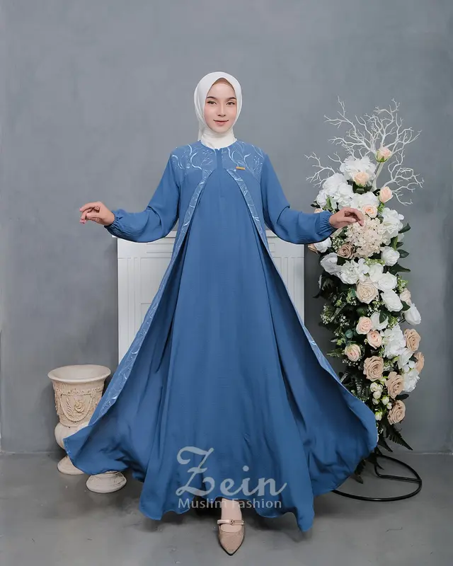 Gamis Mix Brukat Crinkle Airflow Premium Baju Dress Wanita Muslim Dewasa Remaja Kondangan Elegan Mewah Syar'i Terbaru Viral Kekinian Biru Hitam Mutiara Panjang Layer Simple 1