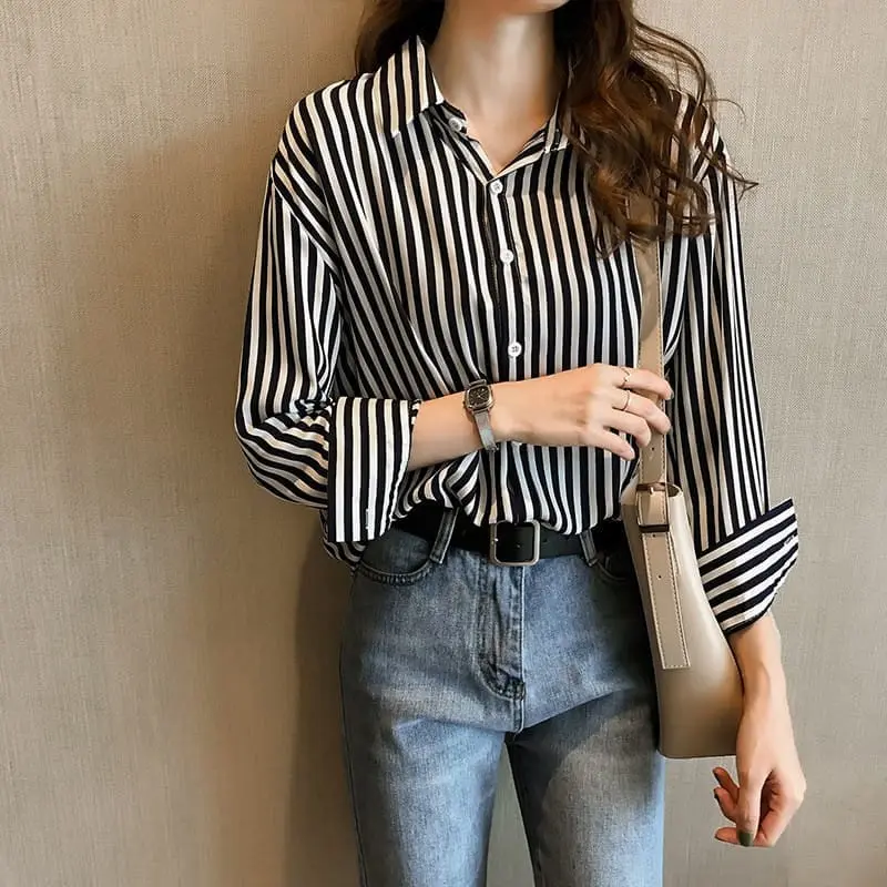 Kemeja Wanita Salur Stripe Polyrayon Size M-L-XL-XXL Atasan Kemeja Lengan Panjang 0