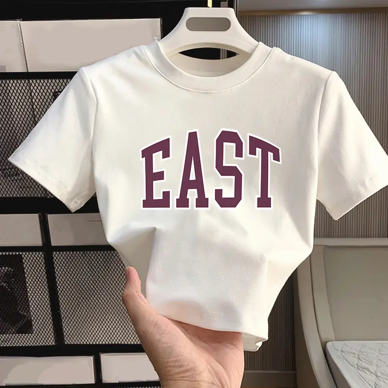 YIYOYI  O007 Baju Pendek Wanita Crop Top Ketat | Crop Top Wanita  | Surat Sablon EAST | Stretch Tight Baju Crop Wanita Korea