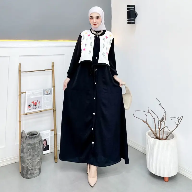 Gamis Rompi Bordir Wanita Terbaru Gamis Crinkle Airflow Pakaian Muslim Mewah 3