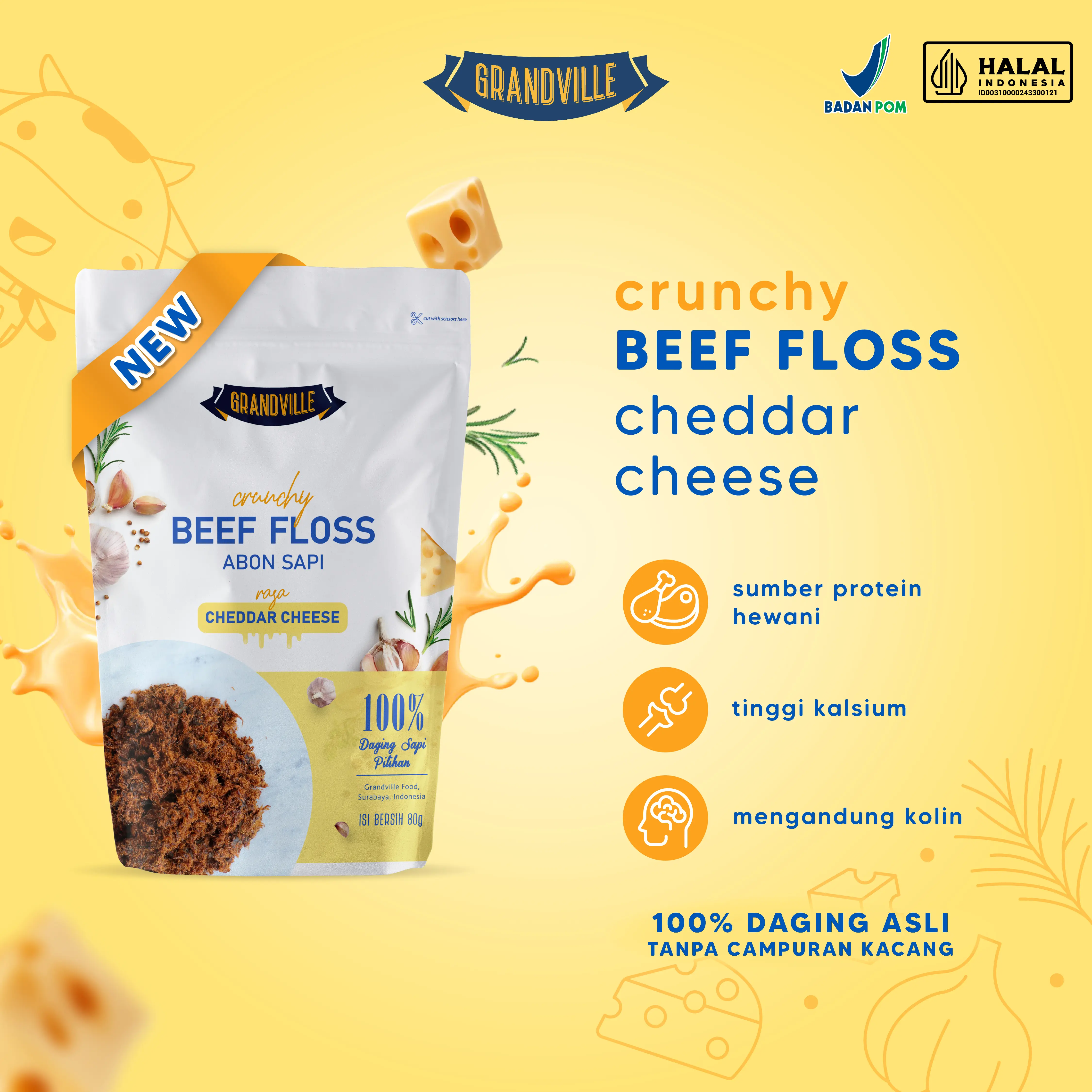 Grandville Abon Sapi Cheddar Cheese Crunchy Halal Single Pack - Aman untuk anak usia 7 bulan+