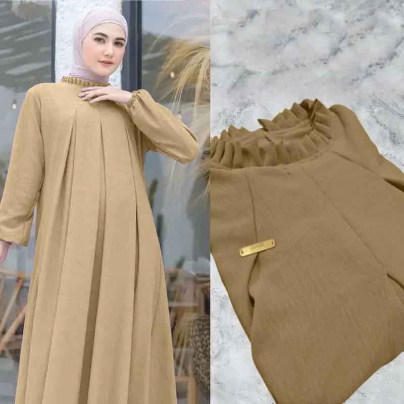 Abaya Gamis Lebaran Wanita  Dewasa Remaja  Muslim Crinkle Airflow - Nyaman dan Elegan - Mewah Tangan Kombinasi Lembut Kaftan Syari Dress Basic 2