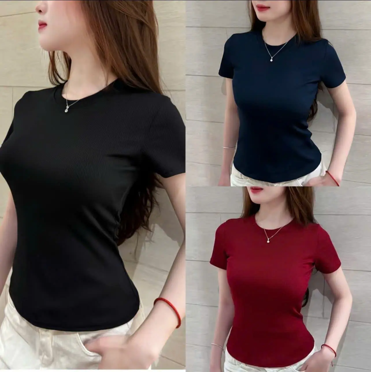 [ ComBo 3 Áo Nữ - Cổ tròn ] Áo Thun tăm Cổ tròn mặc ôm người tôn dáng,chất liệu co giãn,thoáng mát aobody  ngantay Áo thun nữ | BigBuy360 - bigbuy360.vn